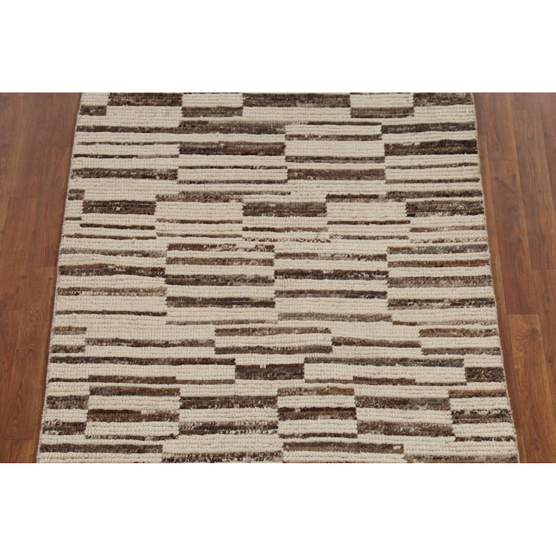 All-Over Striped Moroccan Oriental Runner Rug Hand-Knotted Wool Carpet - 4'0"x 13'6"