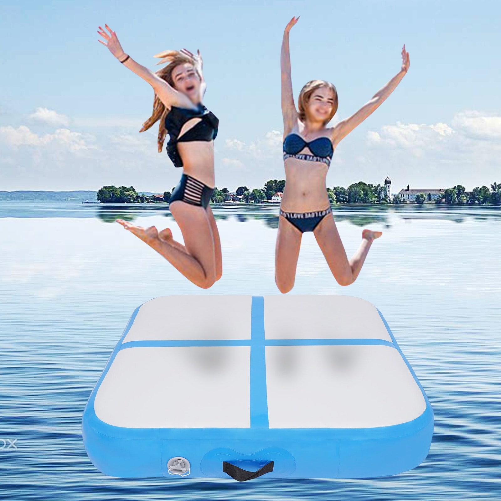 Anti Slip Square Inflatable Gymnastics Mat with Pump Blue 39.37 39.37 7.87in
