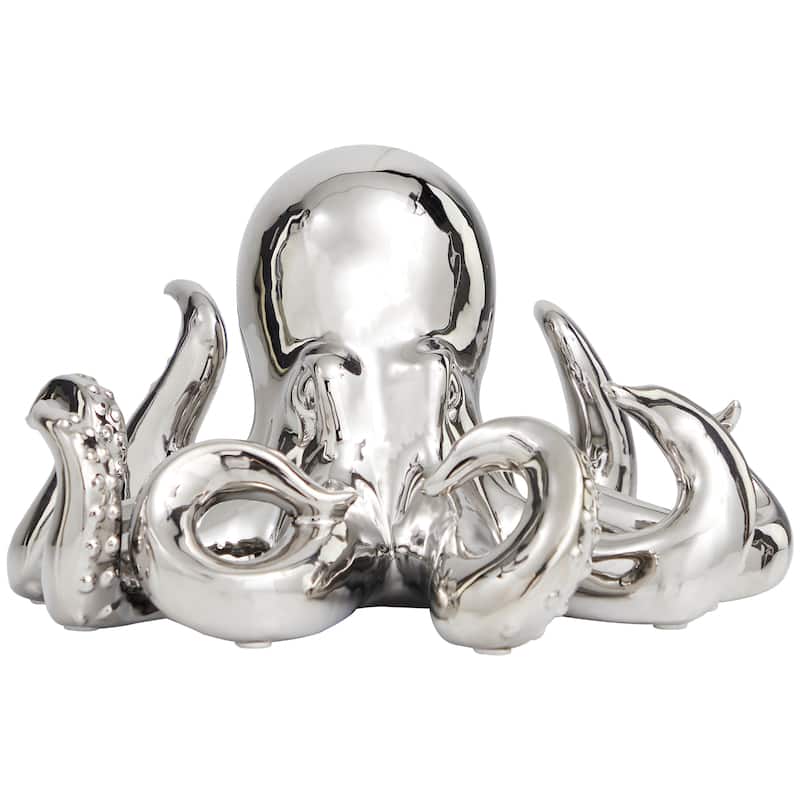 Silver Ceramic Octopus Decorative Sculpture with Textured Tentacles
