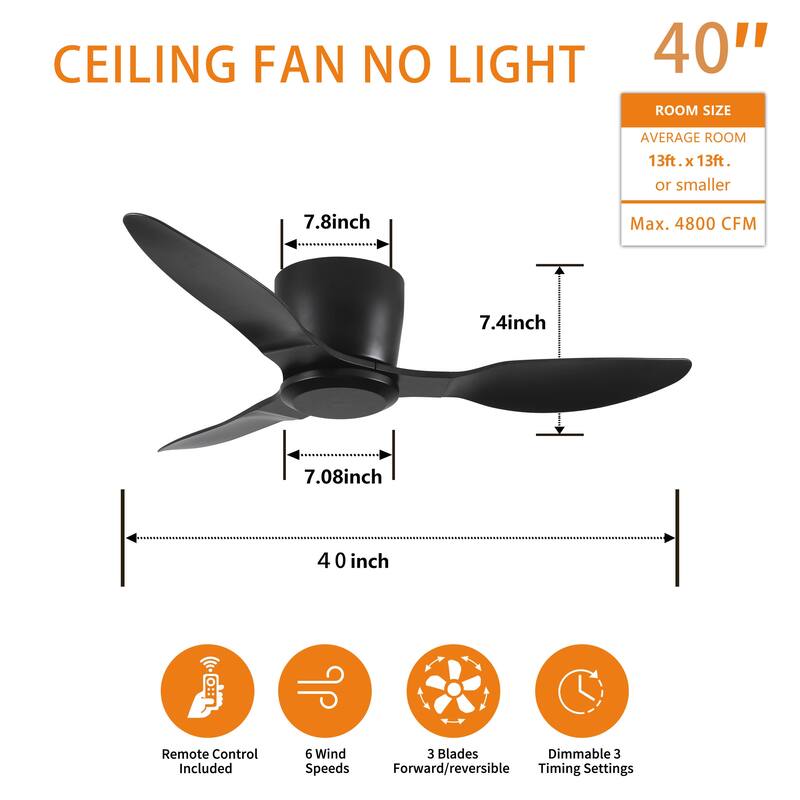 40" Flush Mount Ceiling Fan Without Light, 3 Blades 6 Speeds Reversible DC Motor Ceiling Fan