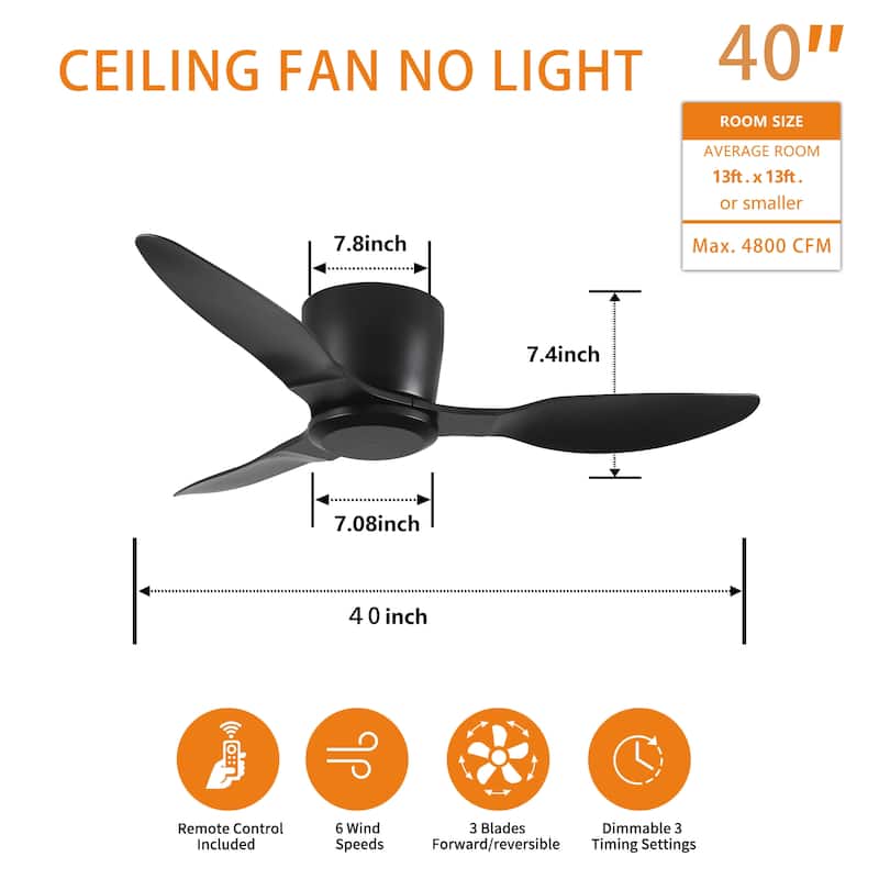 Sofucor 40/42/52 Inch Flush Mount Low Profile Ceiling Fans with Lights and Remote,3 ABS Blades,for Bedroom Patio - 40"-Without Light - Black with Black ABS Blades