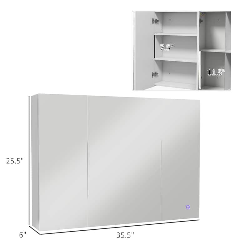 White Wall-Mounted Bathroom Mirror Cabinet with LED Lights and Adjustable Shelves Touch Control - 35.5" W x 6" D x 25.5" H