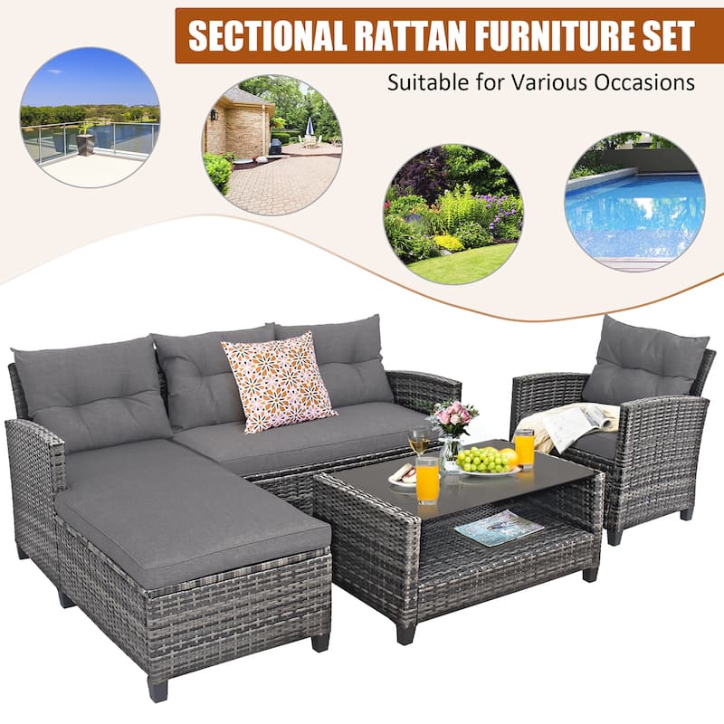 Costway 4PCS Patio Rattan Furniture Set Cushioned Loveseat Table Shelf - Grey - See Details