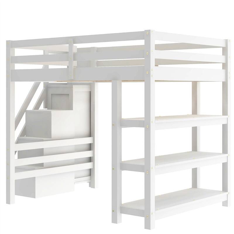 Twin/Full Size Loft Bed with Small Wardrobe, LED Light and Storage Staircase, Wooden Loft Bedframe with Storage Shelves for Kids