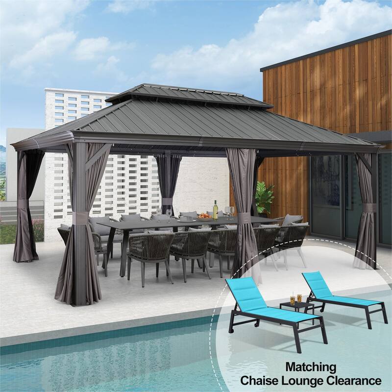 PURPLE LEAF Hardtop Patio Gazebo 12 x 18FT Galvanized Steel Roof Awning w Chaise Lounge - Grey