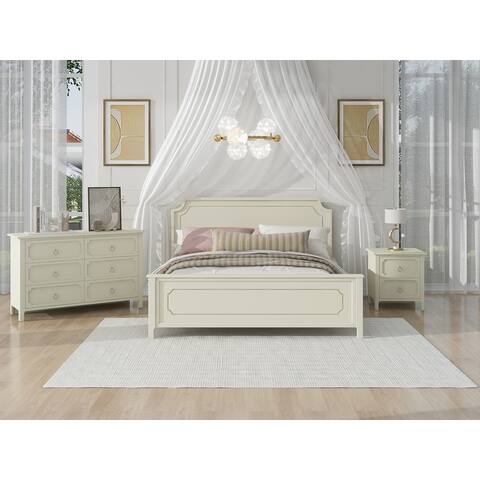 3 Pieces Bedroom Sets Milky White Platform Bed w/Nightstand & Dresser