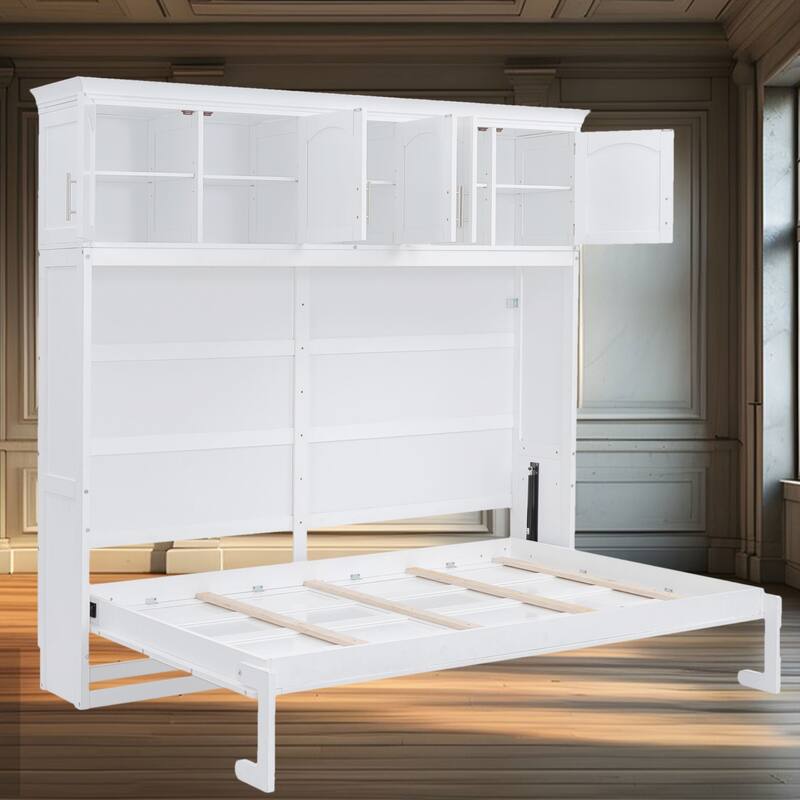 Space-Saving Queen Murphy Wall Bed with Top Cabinets, Easy Fold Mechanism, No Box Spring Needed, Ideal for Multi-Use Rooms