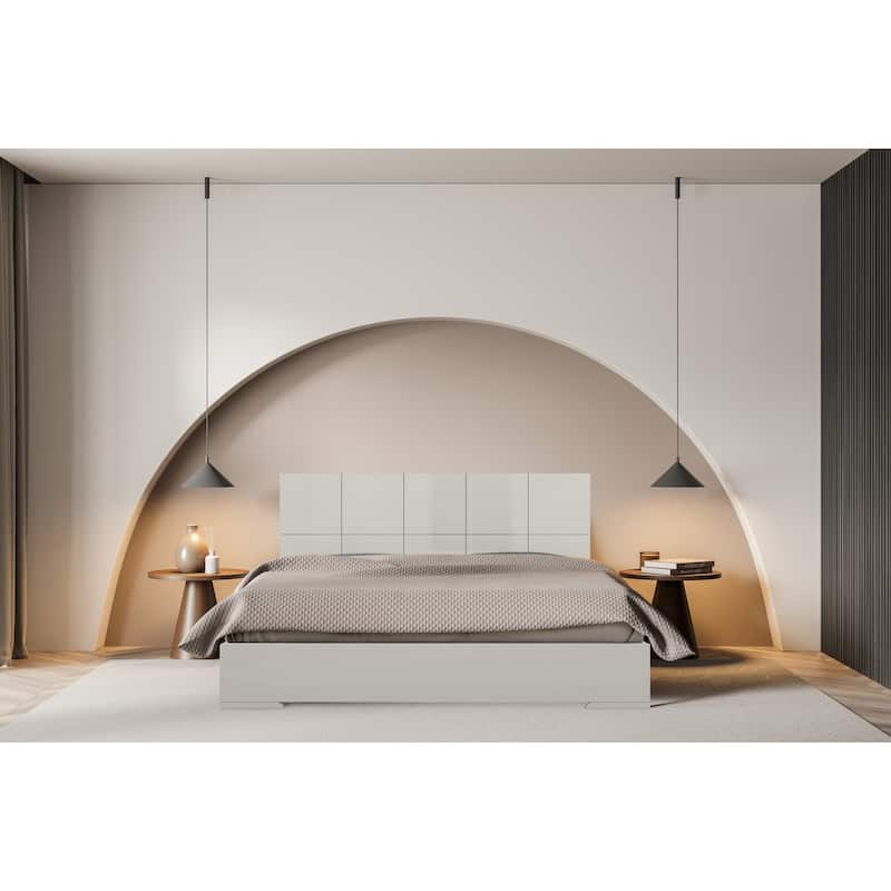 King Size Bed with Modern Square Headboard - Light Grey High Gloss Finish Bedroom Furniture