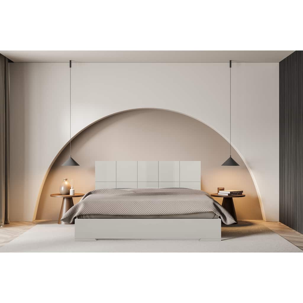 King Size Bed with Modern Square Headboard - Light Grey High Gloss Finish Bedroom Furniture