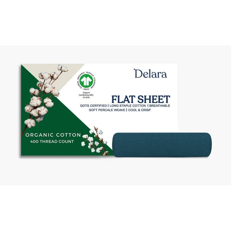 Delara 100% Organic Cotton Percale Weave Sheet, Flat Sheet, 400 Thread Count GOTS Certified