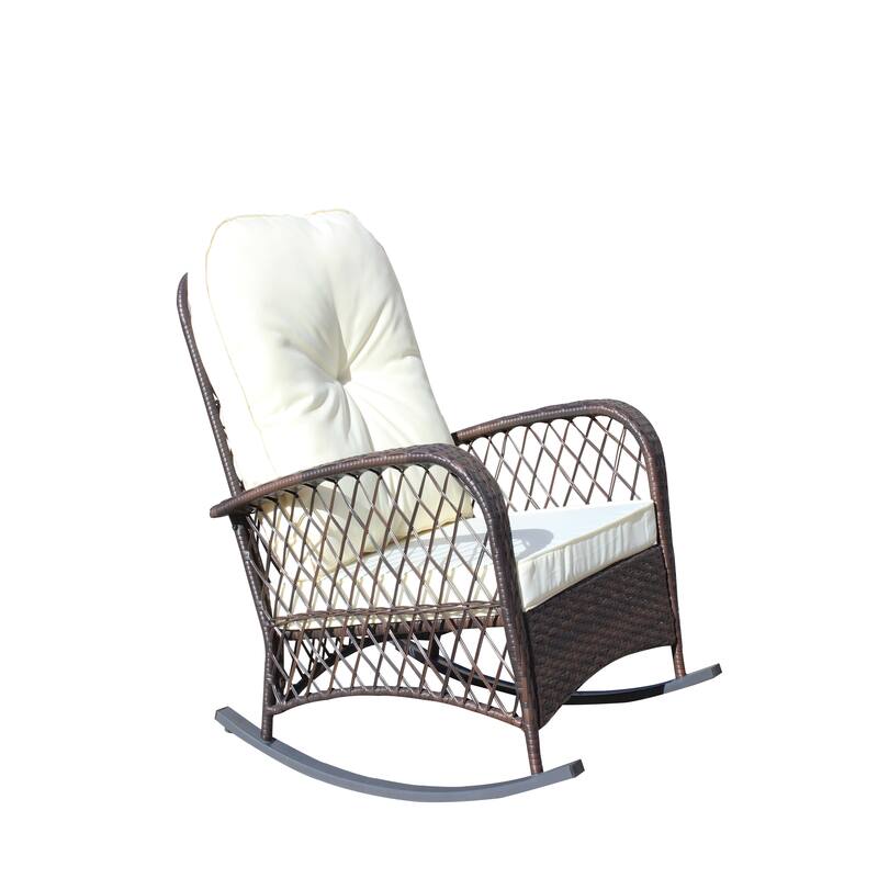 Outdoor Wicker Rocking Chair with Wide Seat, Thick, Soft Cushion, Rattan Rocker w/Steel Frame, High Weight Capacity