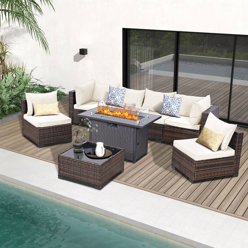 7 Pieces Wicker Rattan Outdoor Sectional Conversation Set with Coffee Table - Brown/Beige