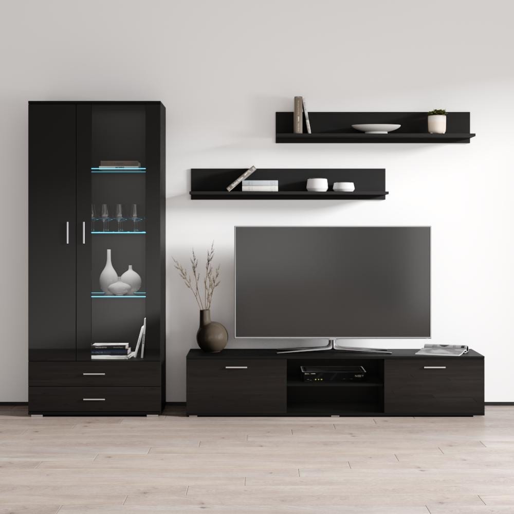 Meble Furniture Soho 8 Modern Wall Unit Entertainment Center with 16-Color LED Lights, High Gloss for up to 80" TVs 105"W