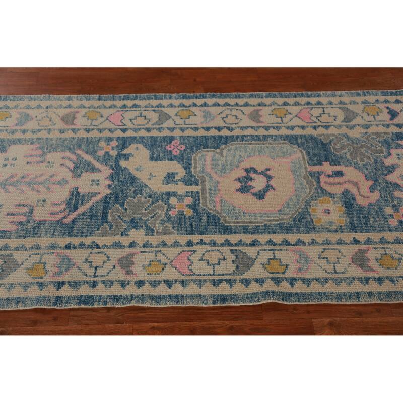 Hand Knotted Oriental 100% Wool Carpet Transitional Geometric Navy Blue & Blues Oushak Runner Rug - 13' 10'' X 3' 2''