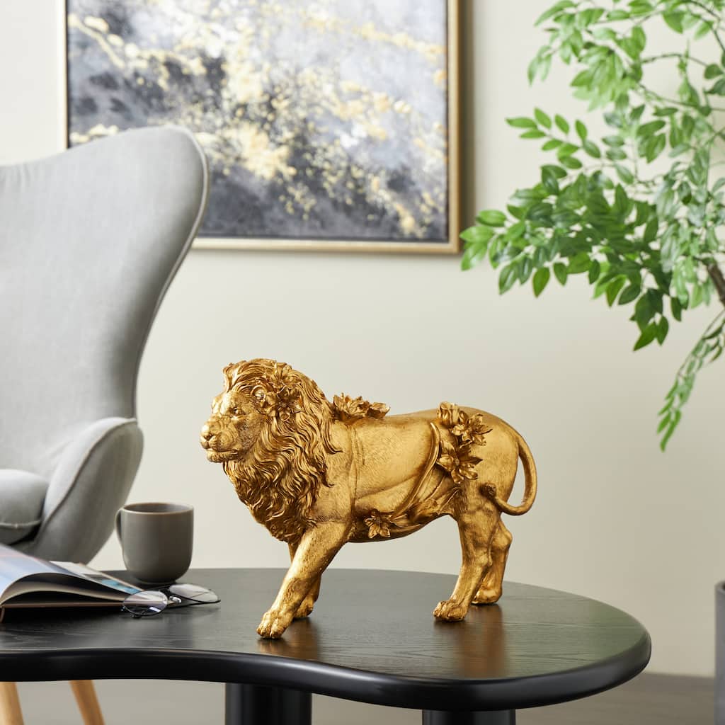 Gold Resin Walking Lion Decorative Sculpture with Floral Accents