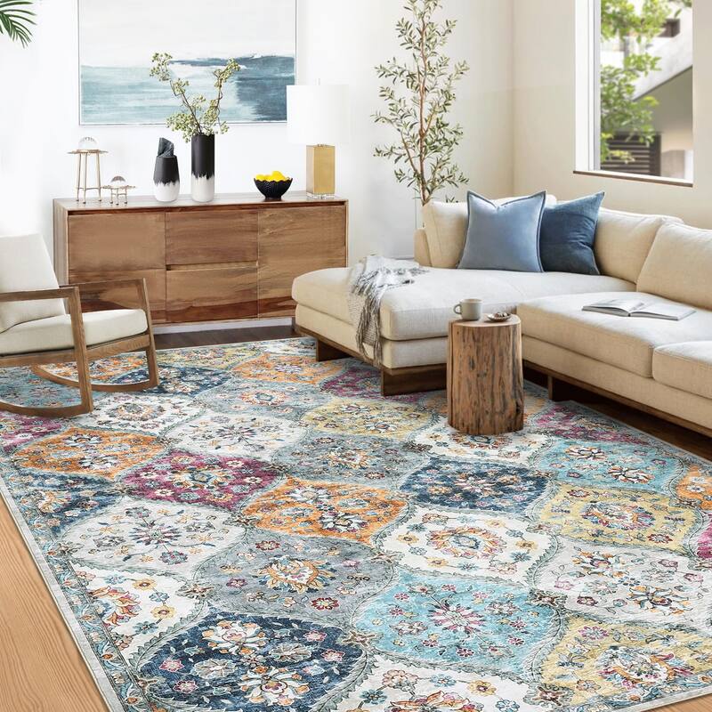 Rugs for Living Room Vintage Oriental Trellis Area Rug Soft Non Slip Low Pile Accent Rugs for Dining Room Office