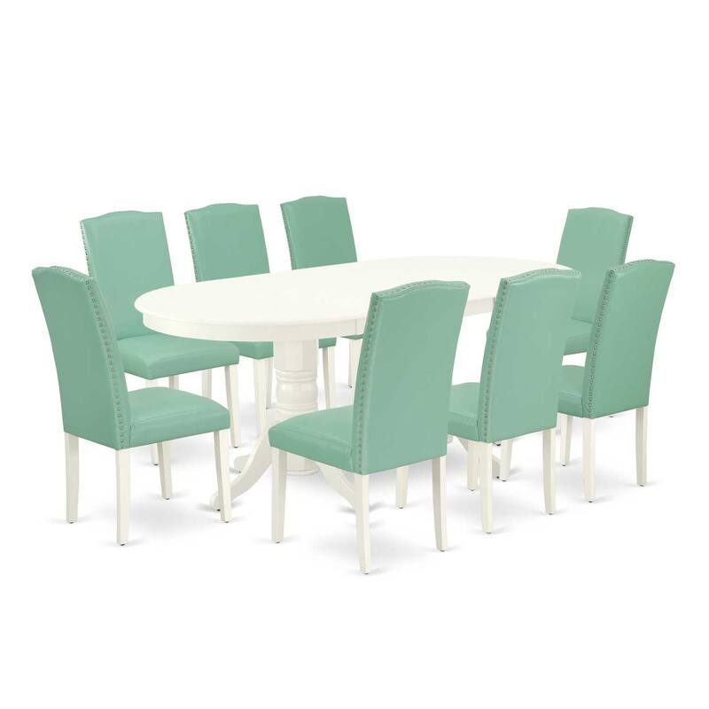 Dining Room Set 9 Piece Oval Table & 8 Chairs Linen White Parson Set