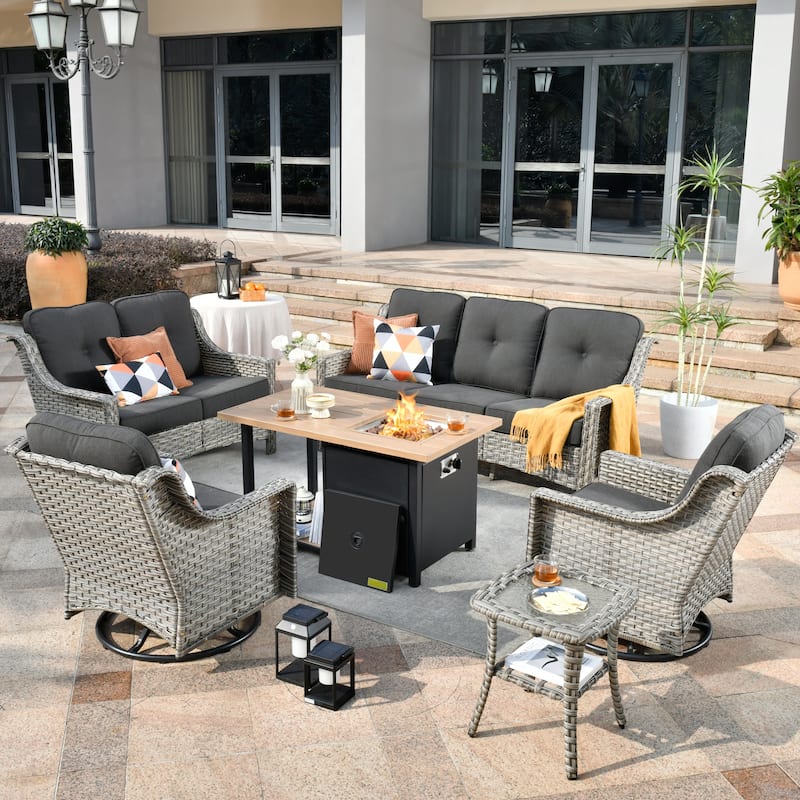 XIZZI 6-piece Outdoor High-back Furniture Swivel Chair Set with Fire Pit
