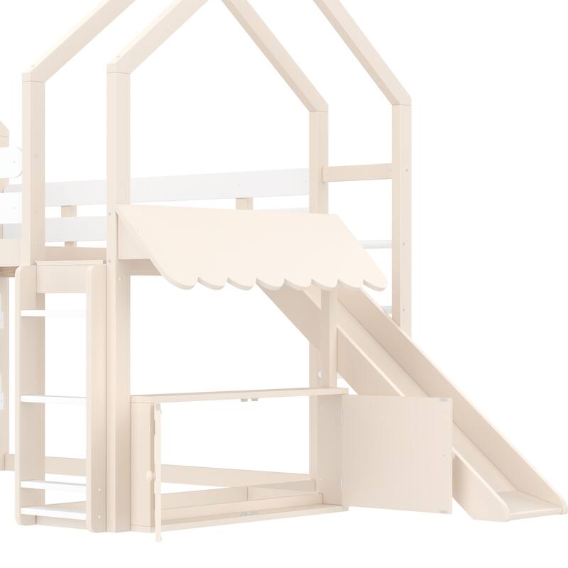 Starry Moon Kids Bed Frame Full Size Bunk Bed House Loft Bed with Built-in Bookshelves, Ladders and Reversible Slide for Playful