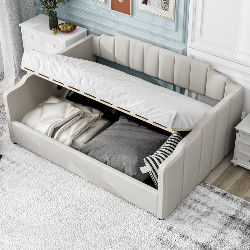 Full Size Upholstered Daybed with Underneath Storage - White