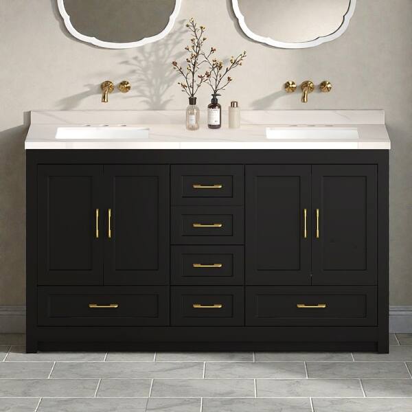 slide 2 of 10, 60" Black Bathroom Vanity Cabinet with 4 Soft-Close Doors and 5 Drawers, MDF Storage Vanity, Transitional Style Black