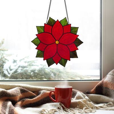 River of Goods Joy River of Goods 12-Inch Red Holiday Poinsettia Stained Glass Window Panel - 12" x 0.25" x 12"