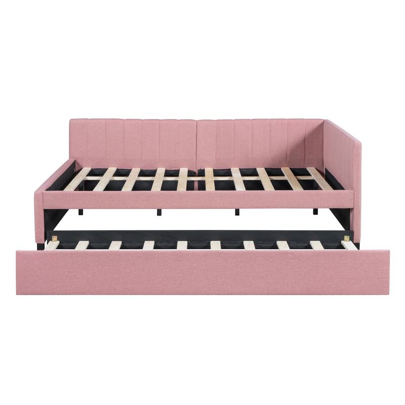 L-Shaped Backrest Daybed Upholstered Daybed Frame Classic Wood Slats Design with 2 Storage Drawers or Trundle, Full Size