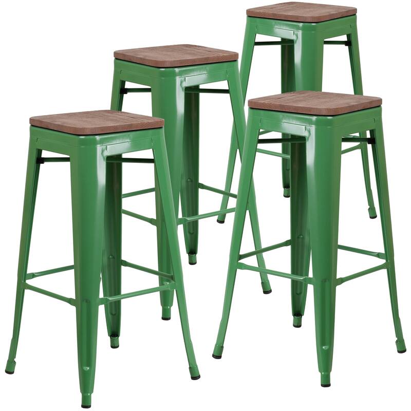 4 Pack 30" High Backless Metal Barstool with Square Wood Seat - Green