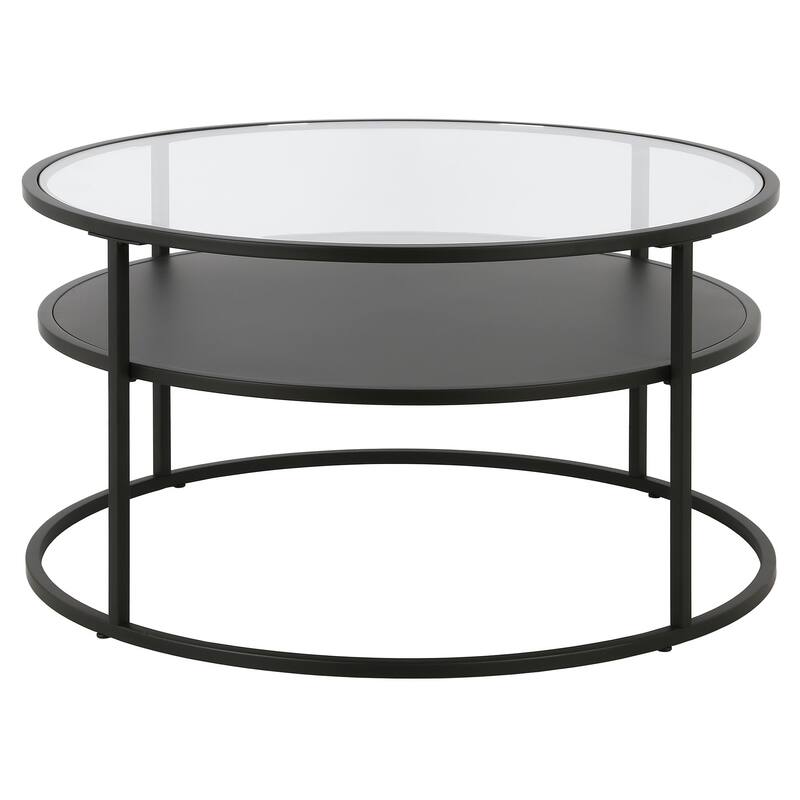 32" Black Glass Round Coffee Table with Steel Base and Storage Shelf - 32” x 32” x 17”