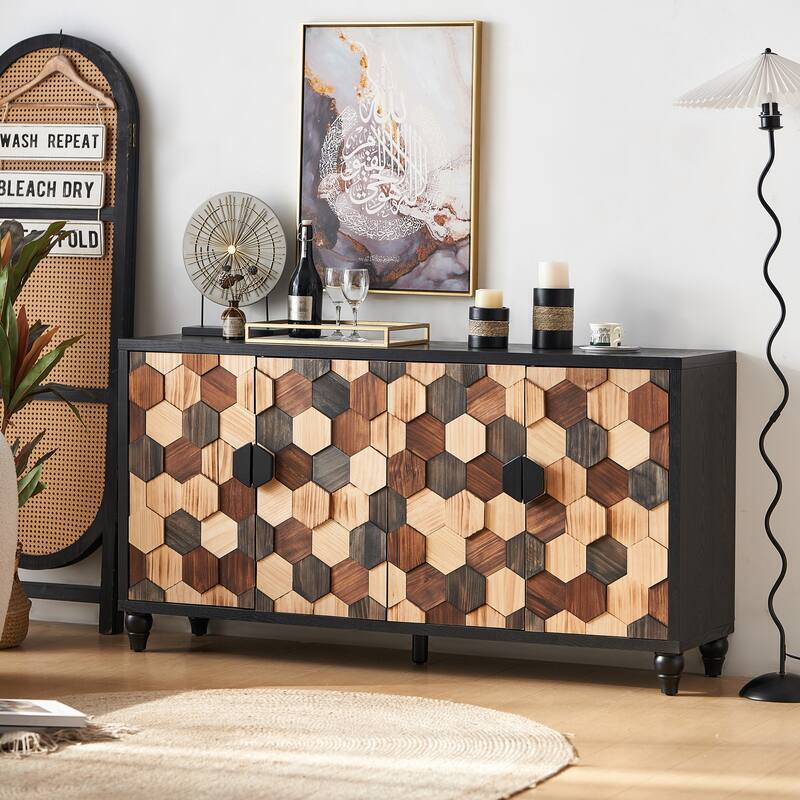 59.8" Distressed Storage Cabinet with Honeycomb Pattern