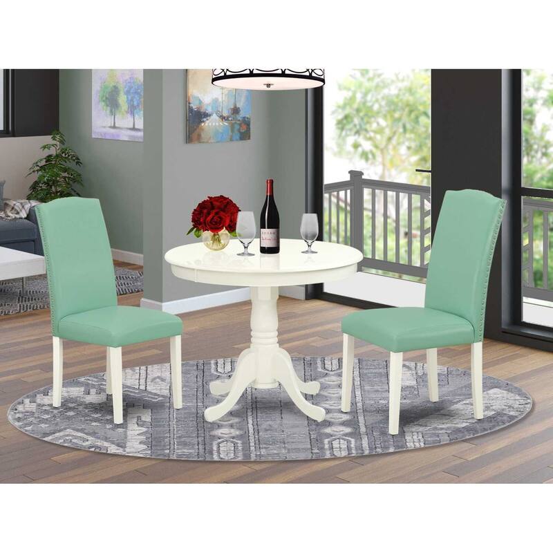 Round Dining Table Set - 36 Inch Table with 2 Parsons Chairs - Linen White Legs, Pond PU Leather