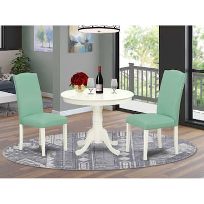 Round Dining Table Set - 36 Inch Table with 2 Parsons Chairs - Linen White Legs, Pond PU Leather