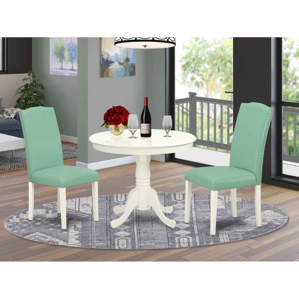 Round Dining Table Set - 36 Inch Table with 2 Parsons Chairs - Linen White Legs, Pond PU Leather