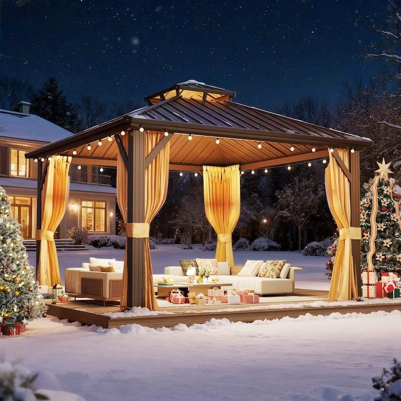 Erommy Hardtop Gazebo with Galvanized Steel Double Roof & Aluminum Frame, Outdoor Gazebo with Curtains and Nettings - 12' x 12'