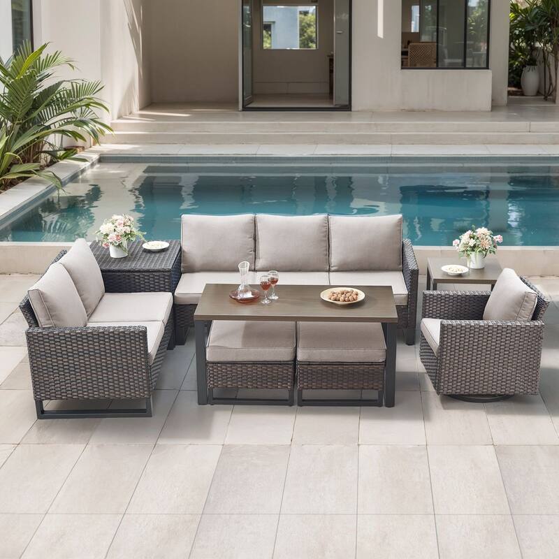 Gymojoy 6-8 Person All-Weather Wicker Outdoor Conversation Set Seating Group With Swivel Chairs And Ottomans - Brown Wicker / Beige Cusion - 8-Piece