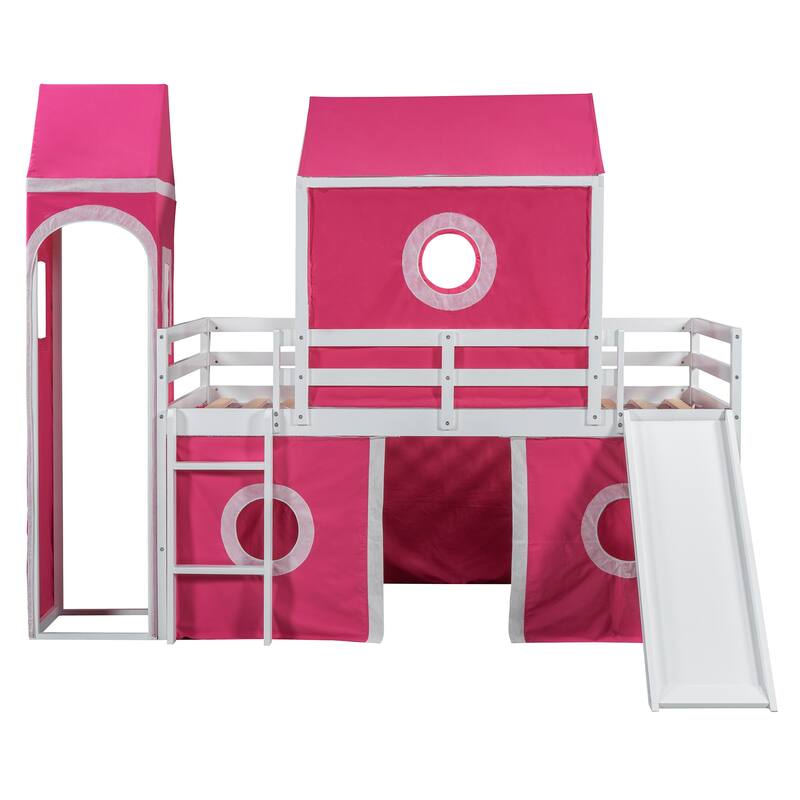 Twin Size Loft Bed with Slide, Pink Tent, and Tower - Space-Saving Fun Design