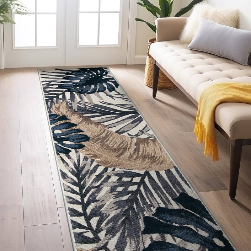 Contemporary Tropical Floral Leaves Non Slip Area Rug