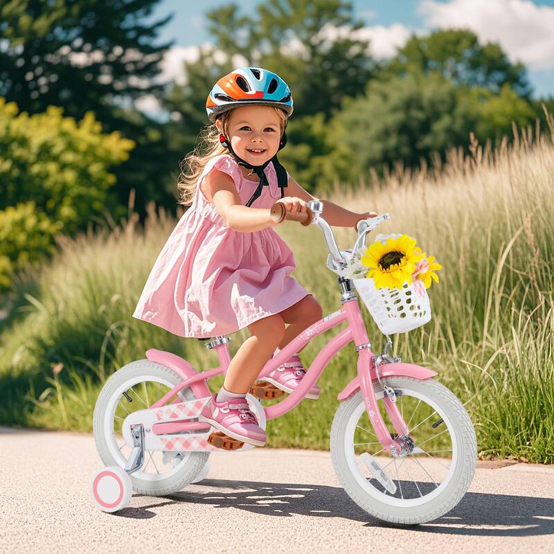 Kids Bike with Training Wheels and Basket for Ages 3-8 Boys Girls - 12-Inches - Peach