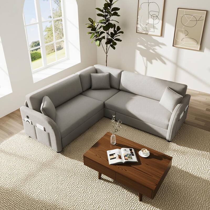 Homy Casa 85"/115" L-Shaped Sectional Sofa Bed USB & Side Pocket, Teddy Fabric Pull-Out Sleeper, Reversible Chaise, Multi Colors