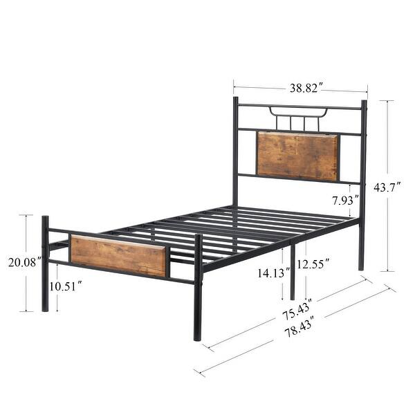 dimension image slide 2 of 3, VECELO Industrial Kids Bed Frame with Wood Headboard,Twin Size Bed Set of 2