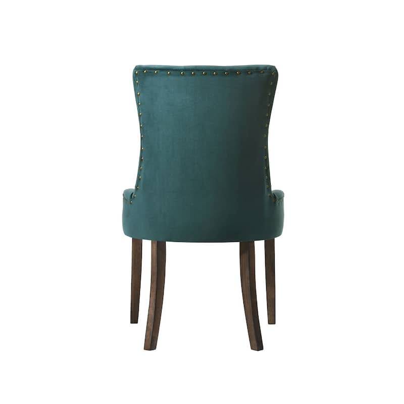 Set of 2 Velvet Upholstered Dining Chairs, Green and Weathered Oak