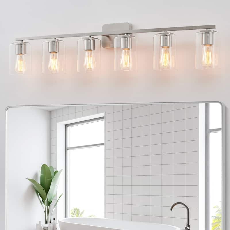 KAWOTI 6-Light Square Clear Glass Shade Vanity Light - Brushed Nickel