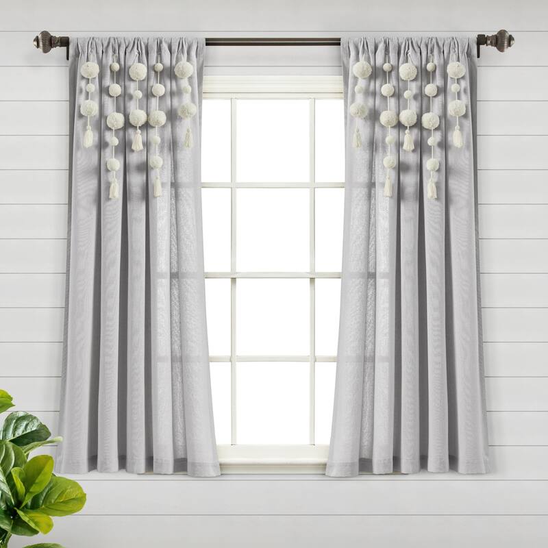 Lush Decor Boho Pom Pom Tassel Linen Window Curtain Panel (Single) - 52"W x 63"L - Light Gray