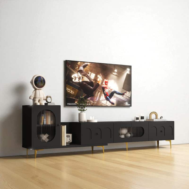 Modern Wood Extendable TV Stand, Rectangular Media Console with 4 Cabinets for TVs up to 89", Adjustable Design