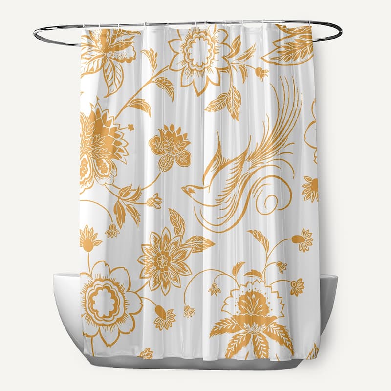 71 x 74-inch Traditional Bird Floral Print Shower Curtain - Yellow