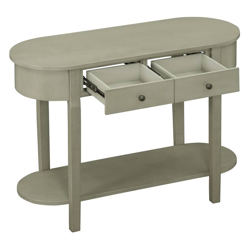 Curved Console Table with 2 Storage Drawers and Metal Handles, Wooden Hallway Tables Entryway Table wOpen Storage Shelf