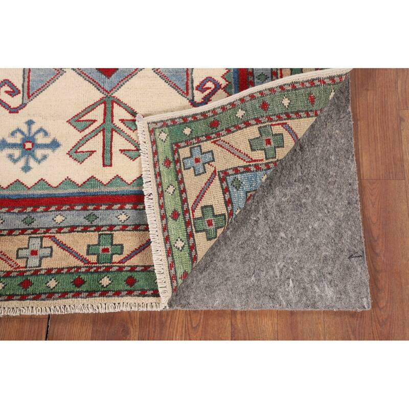 Ivory Geometric Kazak Accent Rug Hand-Knotted Wool Carpet - 3'5" x 5'0"