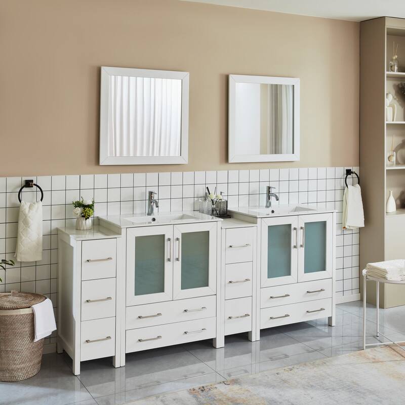 Vanity Art 84" Double Sink Bathroom Vanity Set 10 Dove-Tailed Drawers 4 Cabinets 2 Shelves, Soft-Closing Doors with Free Mirror