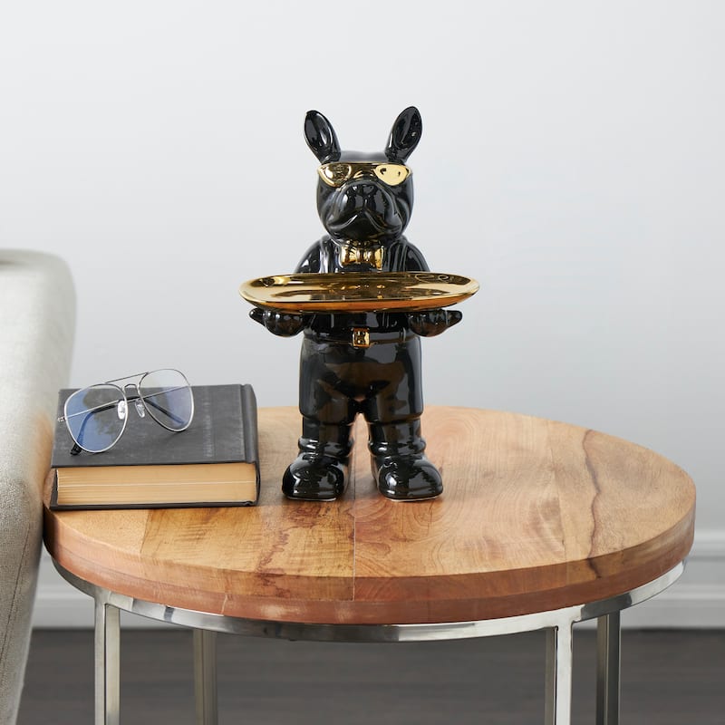 Black or White Ceramic Bulldog Sculpture with Gold Accents - Black