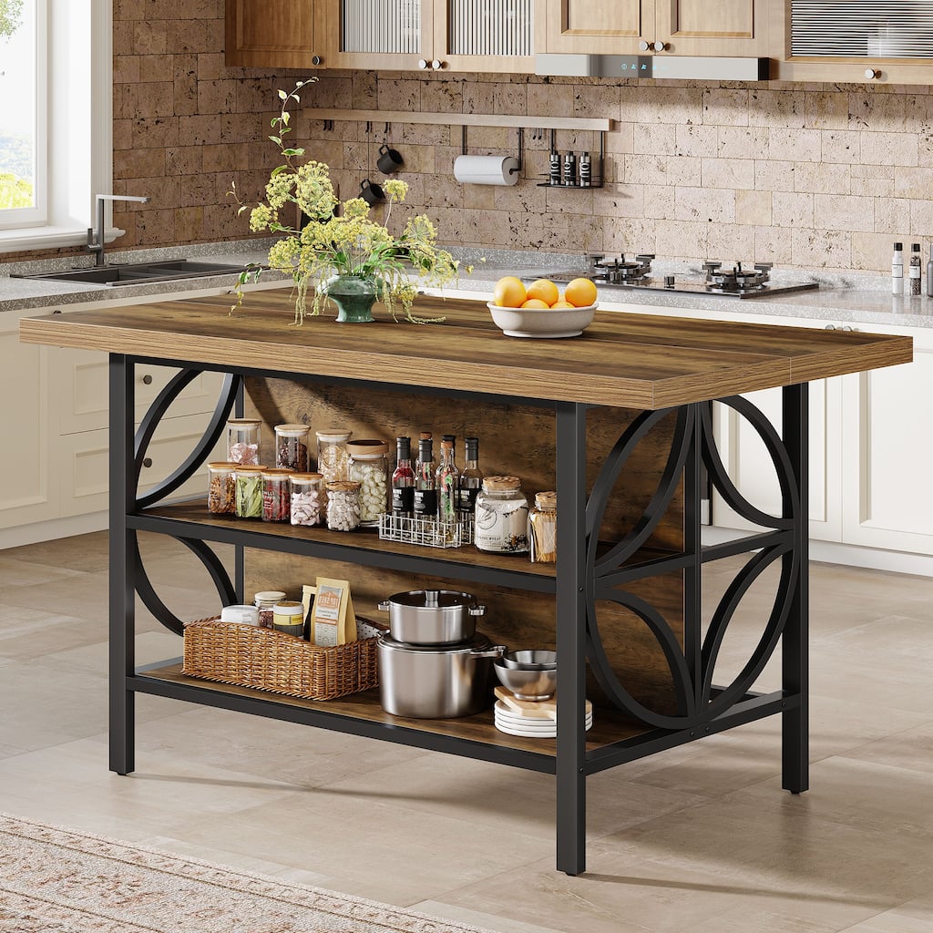 63'' Kitchen Island with Storage, Industrial Bar Table with 2 Shelves